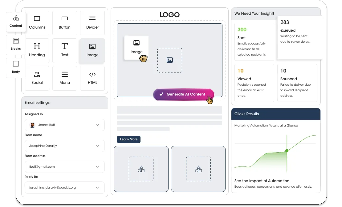 Telagus drag-and-drop email campaign builder with AI content and campaign results